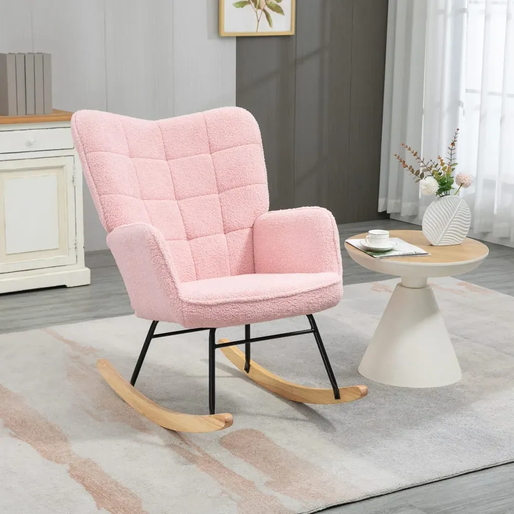 Illustration numéro 2 du produit Fauteuil à bascule revêtement bouclette acier et bois massif rose