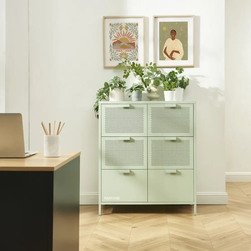 Illustration numéro 2 du produit Commode métal vert amande 6 tiroirs 90cm