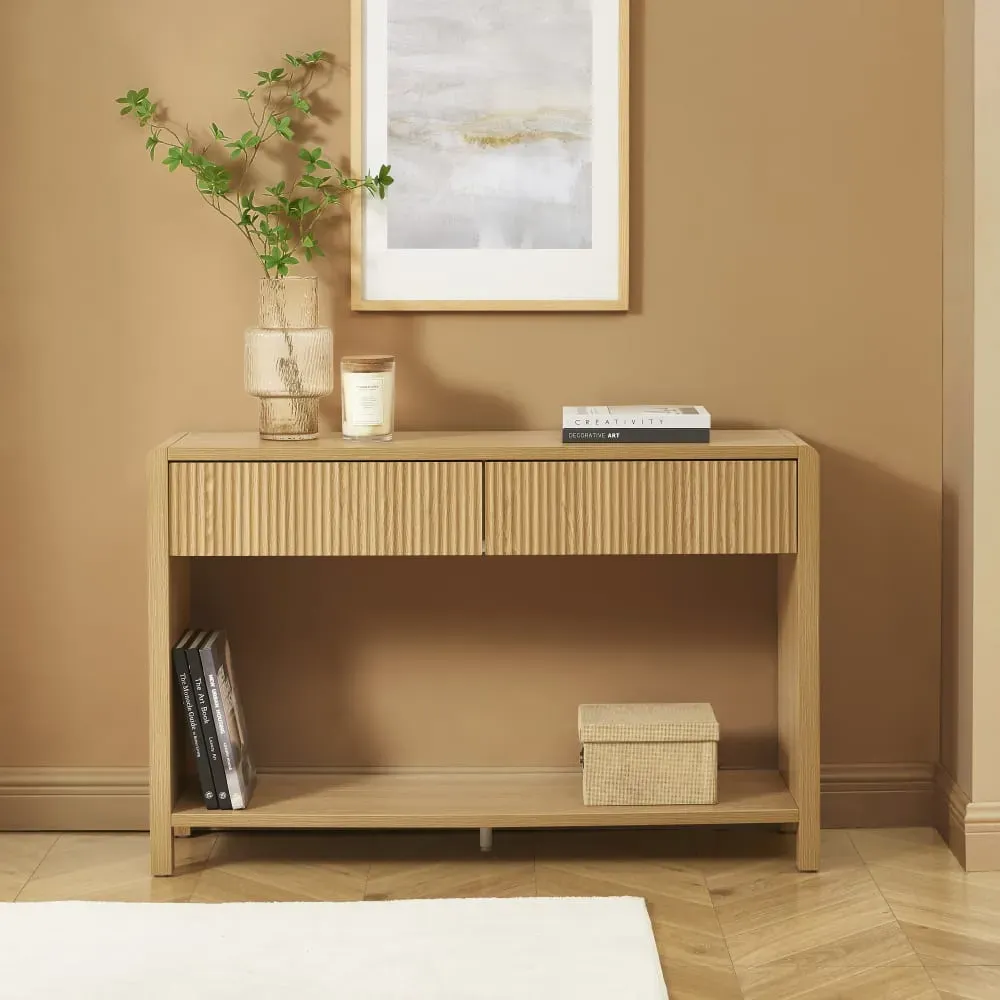 Illustration numéro 2 du produit Console  effet chêne 2 tiroirs 120cm