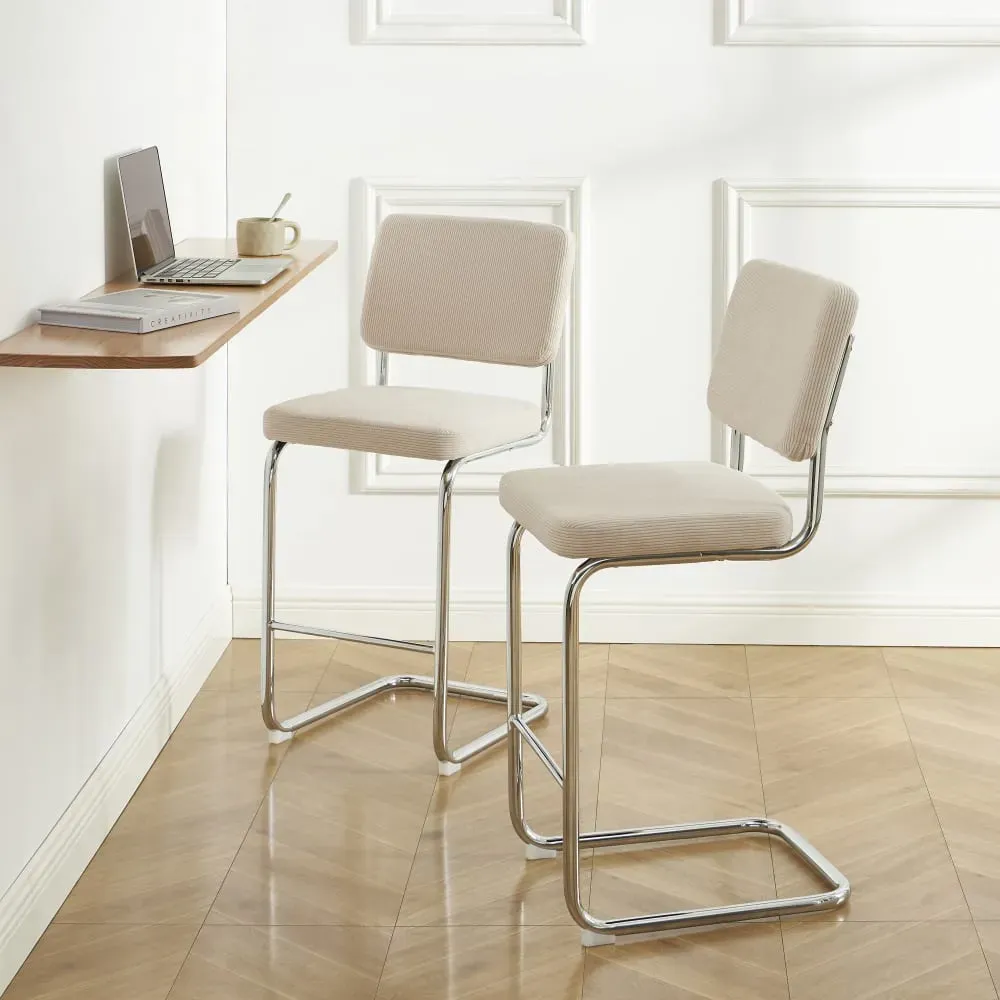 Illustration numéro 2 du produit Lot de 2 tabourets mi-hauts  velours côtelé beige pied métal