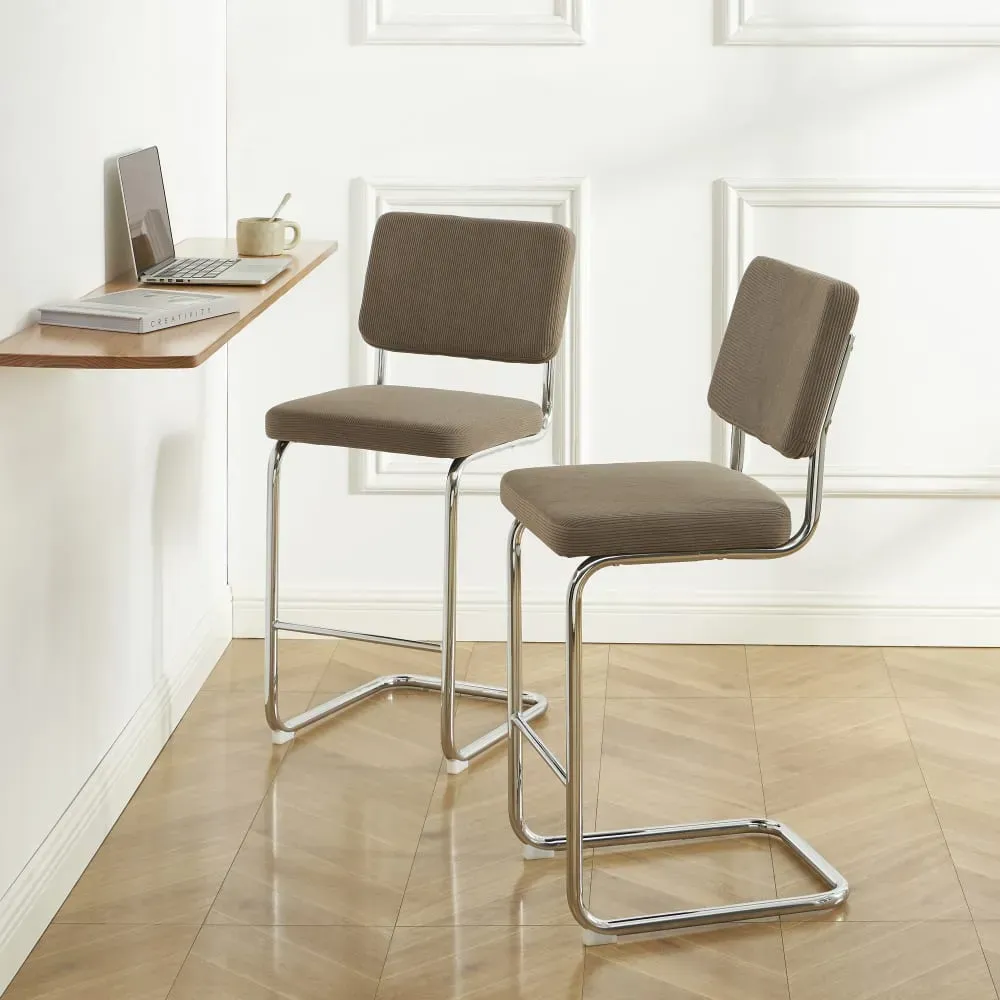 Illustration numéro 2 du produit Lot de 2 tabourets mi-hauts  velours côtelé grège pied métal