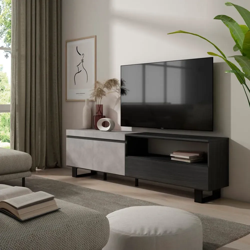 Illustration numéro 2 du produit Meuble tv effet bois ciment 200x35x57cm avec pieds