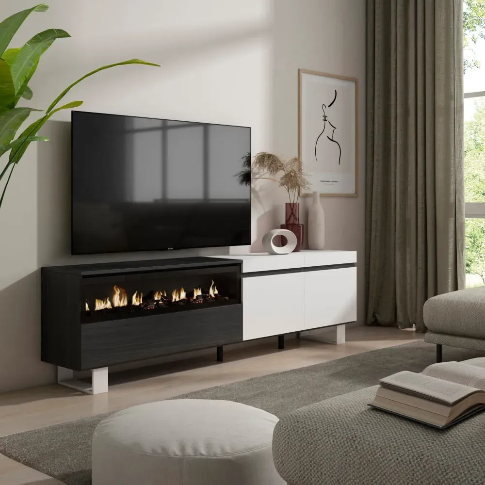 Illustration numéro 2 du produit Meuble tv effet bois blanc et noir 200x35x57cm cheminée effet feu