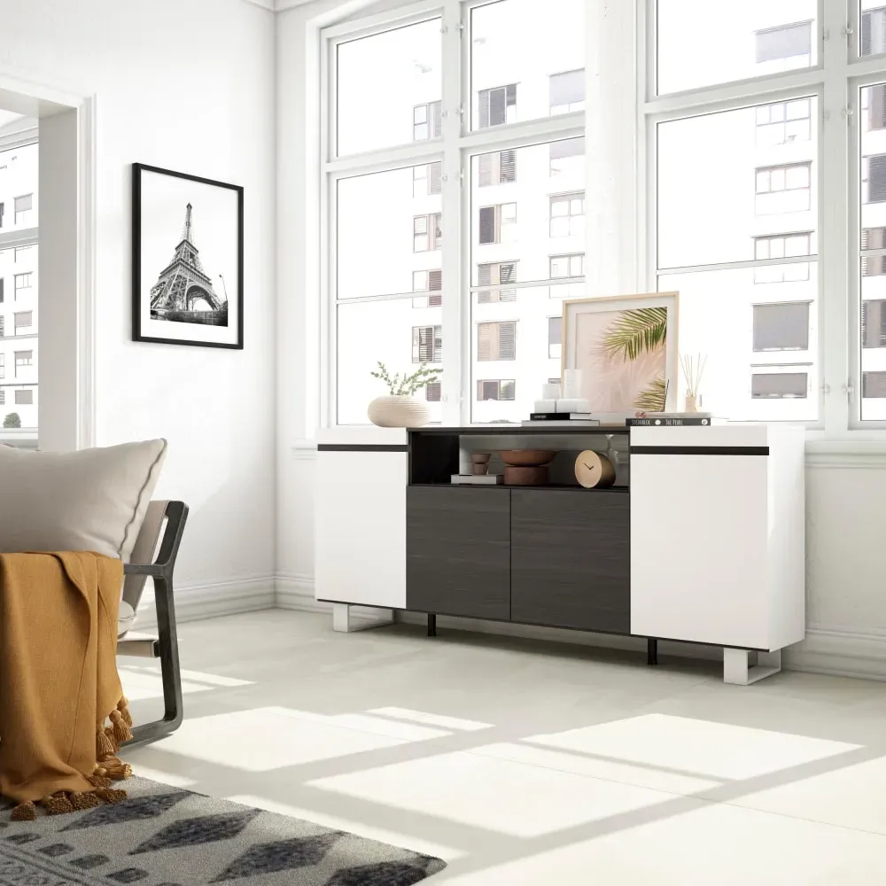 Illustration numéro 2 du produit Buffet effet bois blanc et noir 200x35x87cm avec pieds