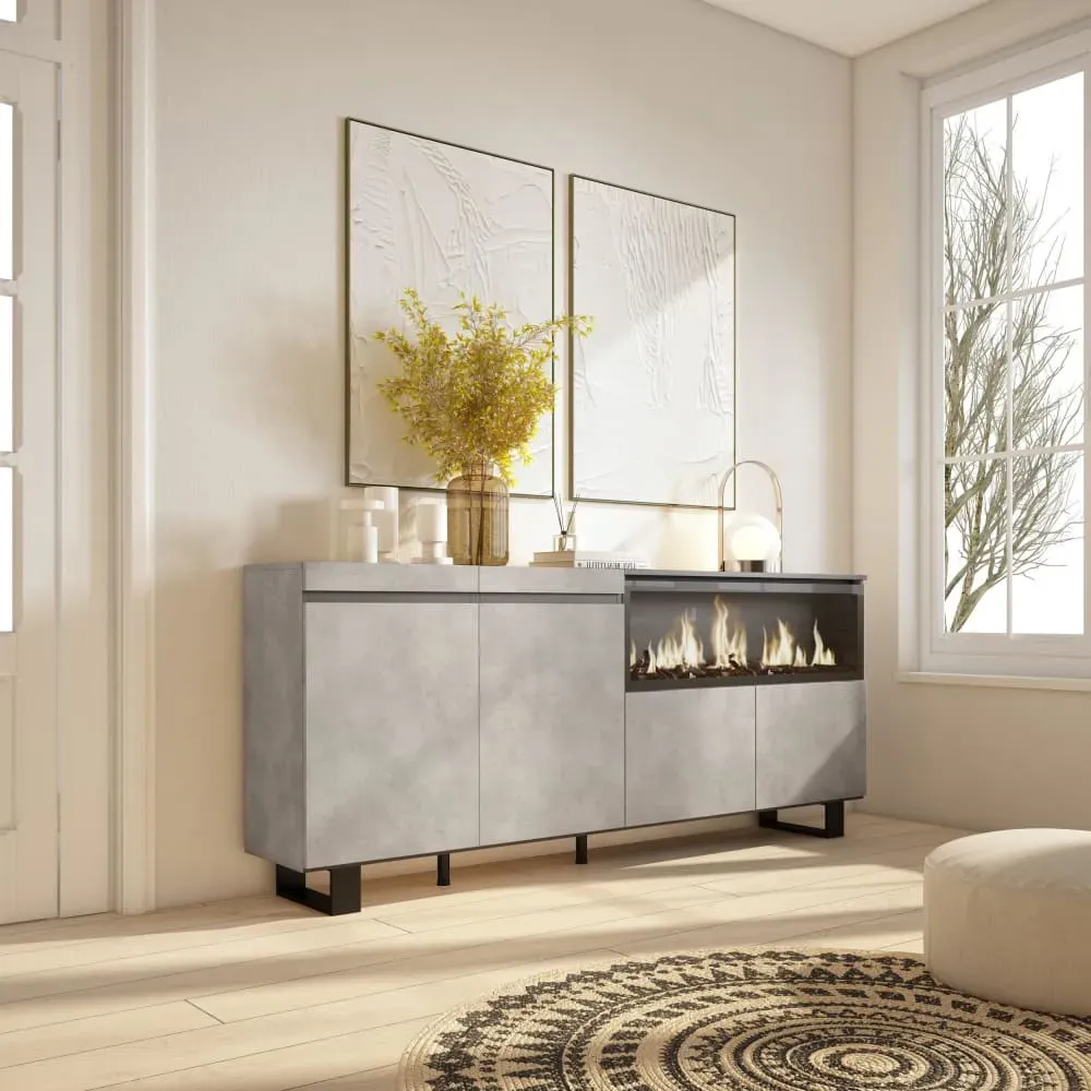 Illustration numéro 2 du produit Buffet effet bois ciment 208x35x87cm cheminée effet feu XXL