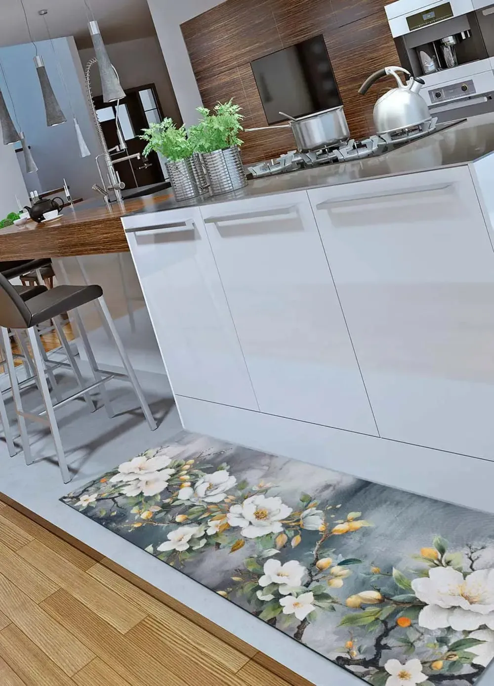 Illustration numéro 2 du produit Tapis de cuisine lavable fleurs gris//blanc 52x200 cm