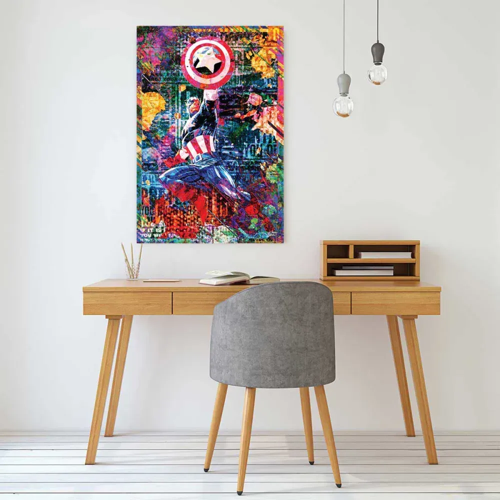Illustration numéro 2 du produit Tableau graffiti Captain America imprimé sur toile 60x90 cm
