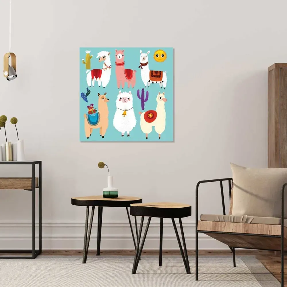 Illustration numéro 2 du produit Tableau enfant lamas imprimé sur toile 50x50 cm