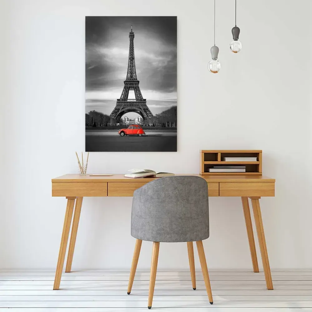 Illustration numéro 2 du produit Tableau tour eiffel et voiture rouge imprimé sur toile 60x90 cm