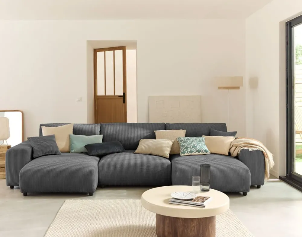 Illustration numéro 2 du produit Canapé panoramique 7 places En U en Velours côtelé Gris foncé