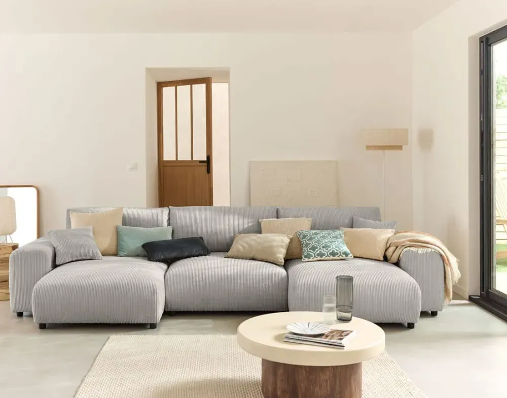 Illustration numéro 2 du produit Canapé panoramique 7 places En U en Velours côtelé Gris clair