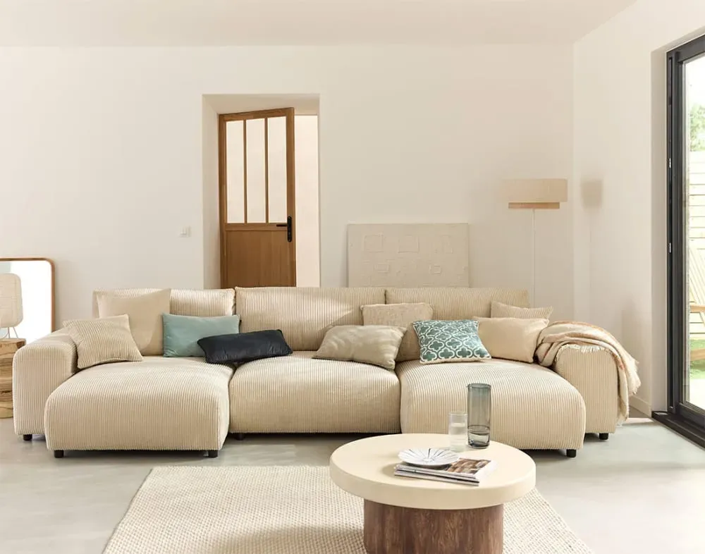 Illustration numéro 2 du produit Canapé panoramique 7 places En U en Velours côtelé Beige