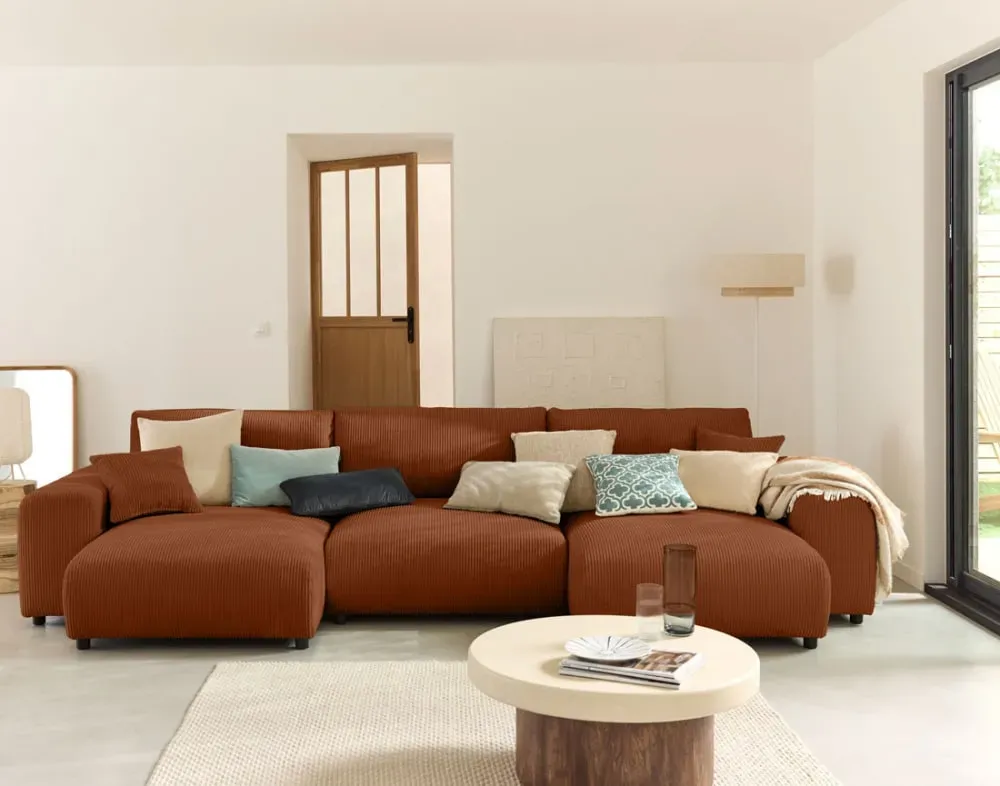 Illustration numéro 2 du produit Canapé panoramique 7 places En U en Velours côtelé Terracotta