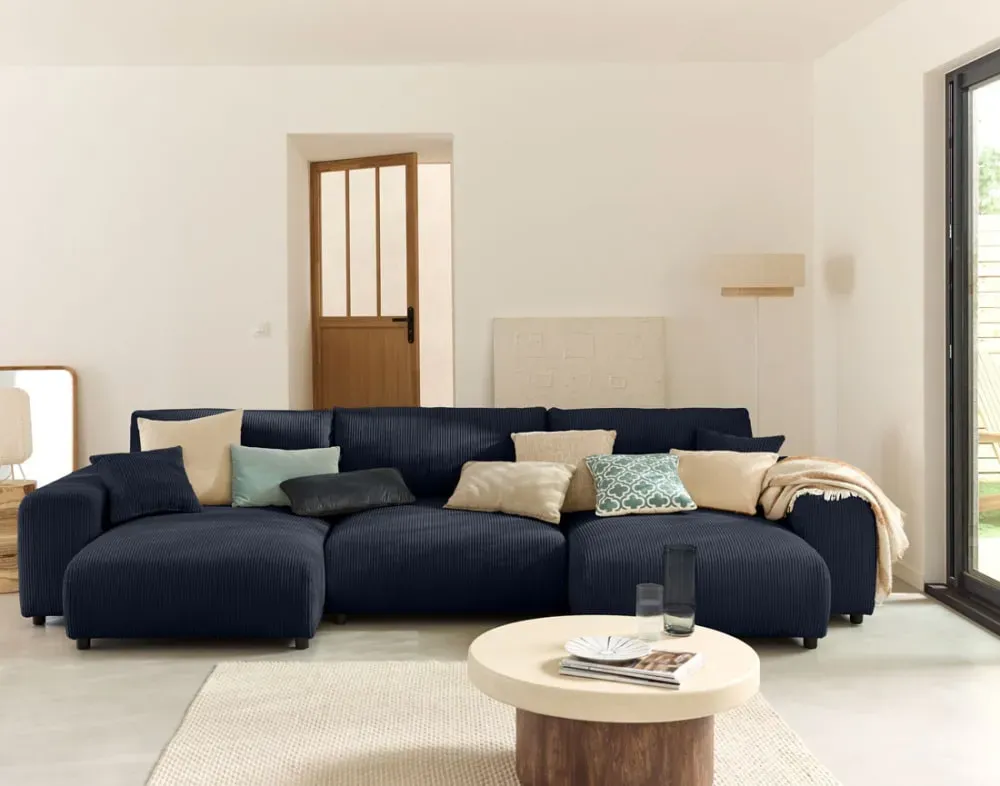 Illustration numéro 2 du produit Canapé panoramique 7 places En U en Velours côtelé Bleu nuit