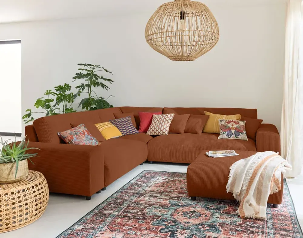 Illustration numéro 2 du produit Canapé modulable 5 places angle gauche en velours côtelé terracotta