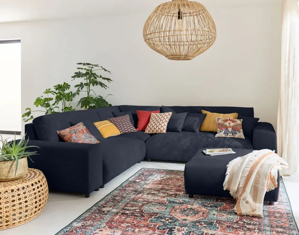 Illustration numéro 2 du produit Canapé modulable 5 places angle gauche en velours côtelé bleu nuit