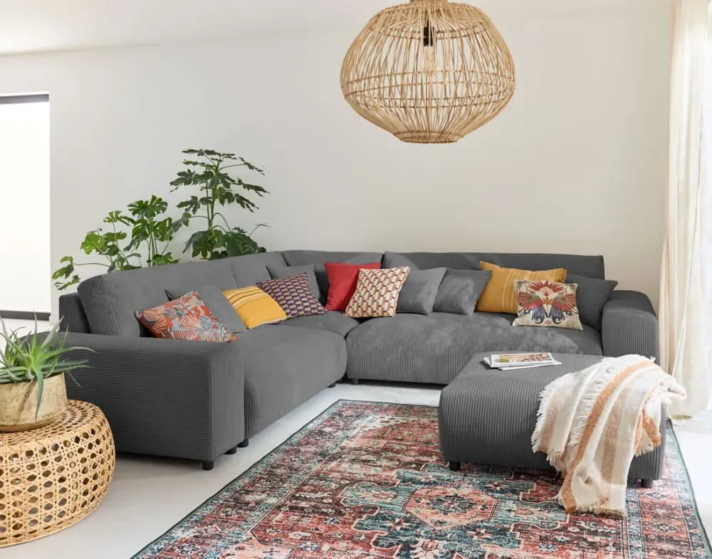 Illustration numéro 2 du produit Canapé modulable 5 places angle gauche en velours côtelé gris foncé