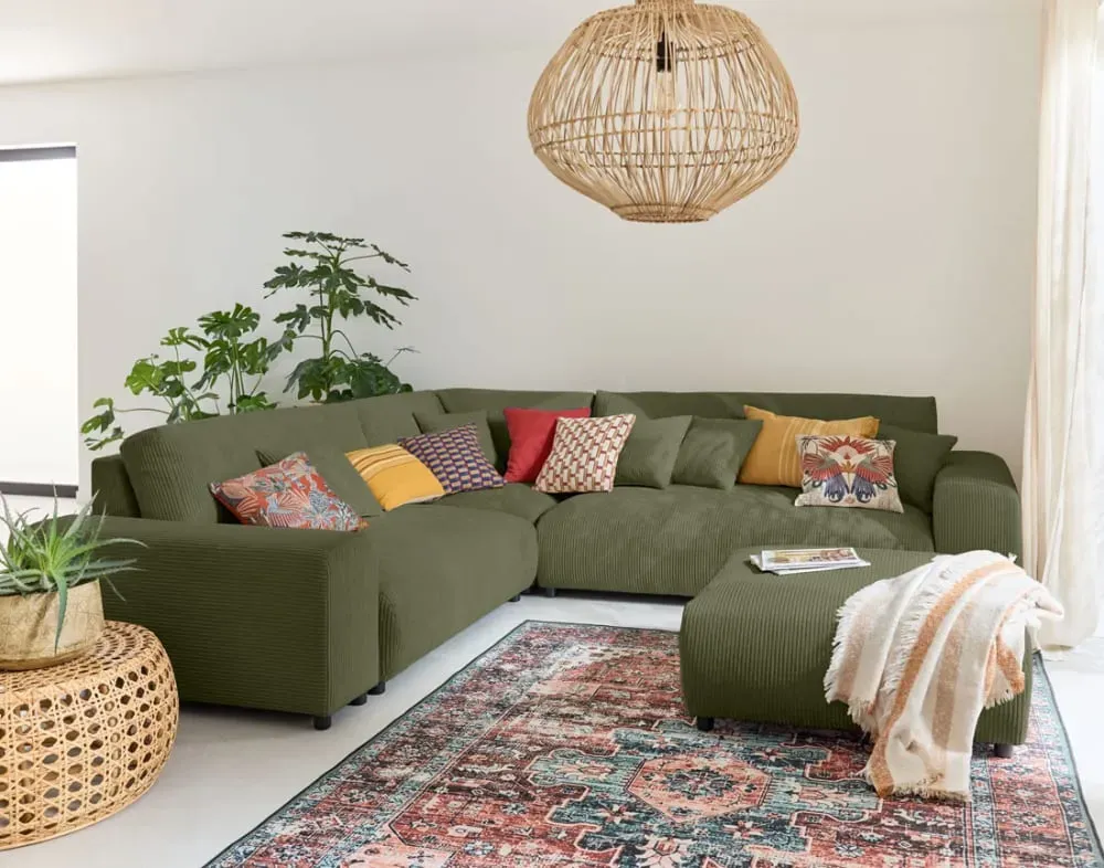 Illustration numéro 2 du produit Canapé modulable 5 places angle gauche en velours côtelé vert