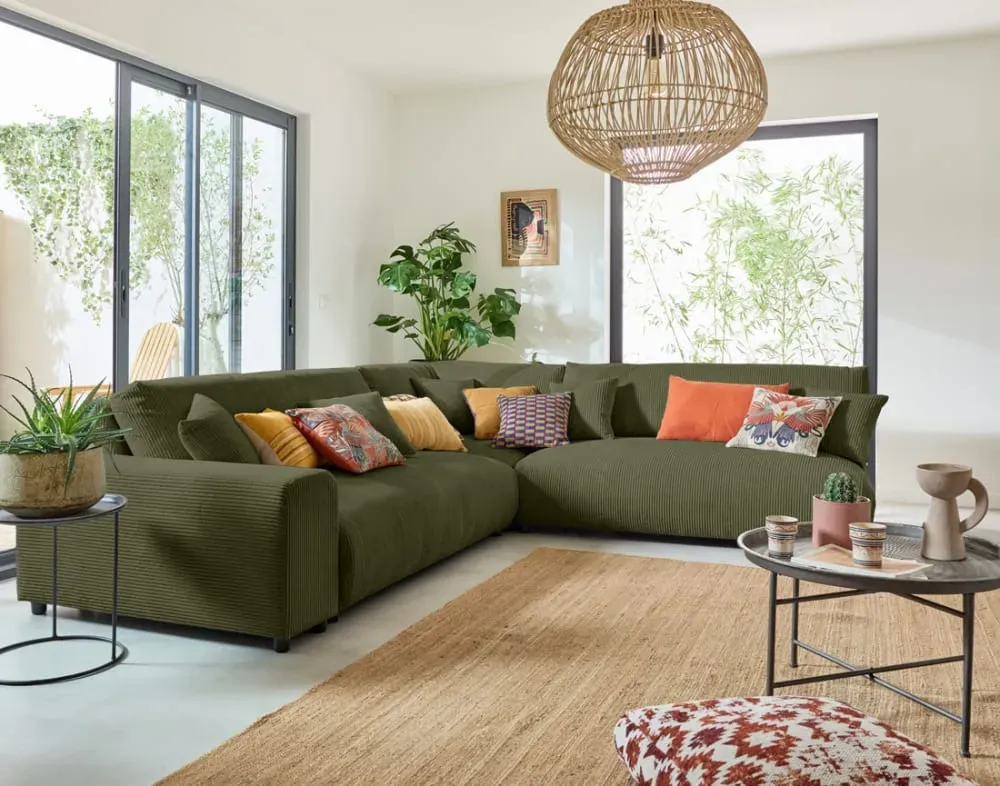 Illustration numéro 2 du produit Canapé modulable 6 places angle droit en velours côtelé vert