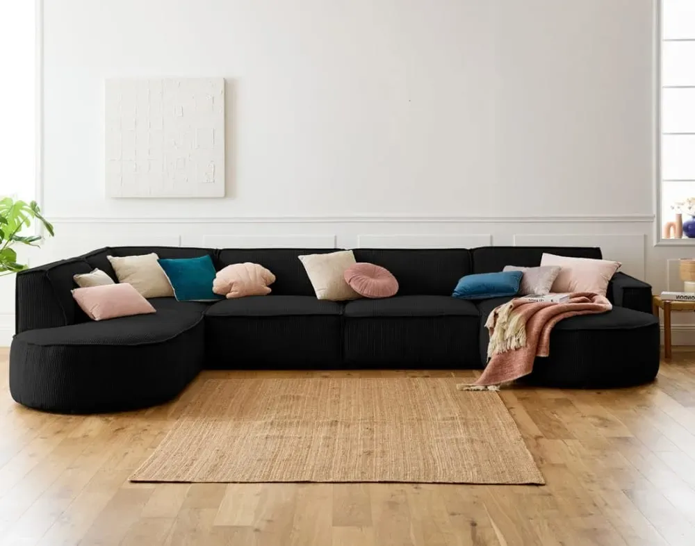 Illustration numéro 2 du produit Canapé panoramique 7 places Angle gauche en Velours côtelé Noir