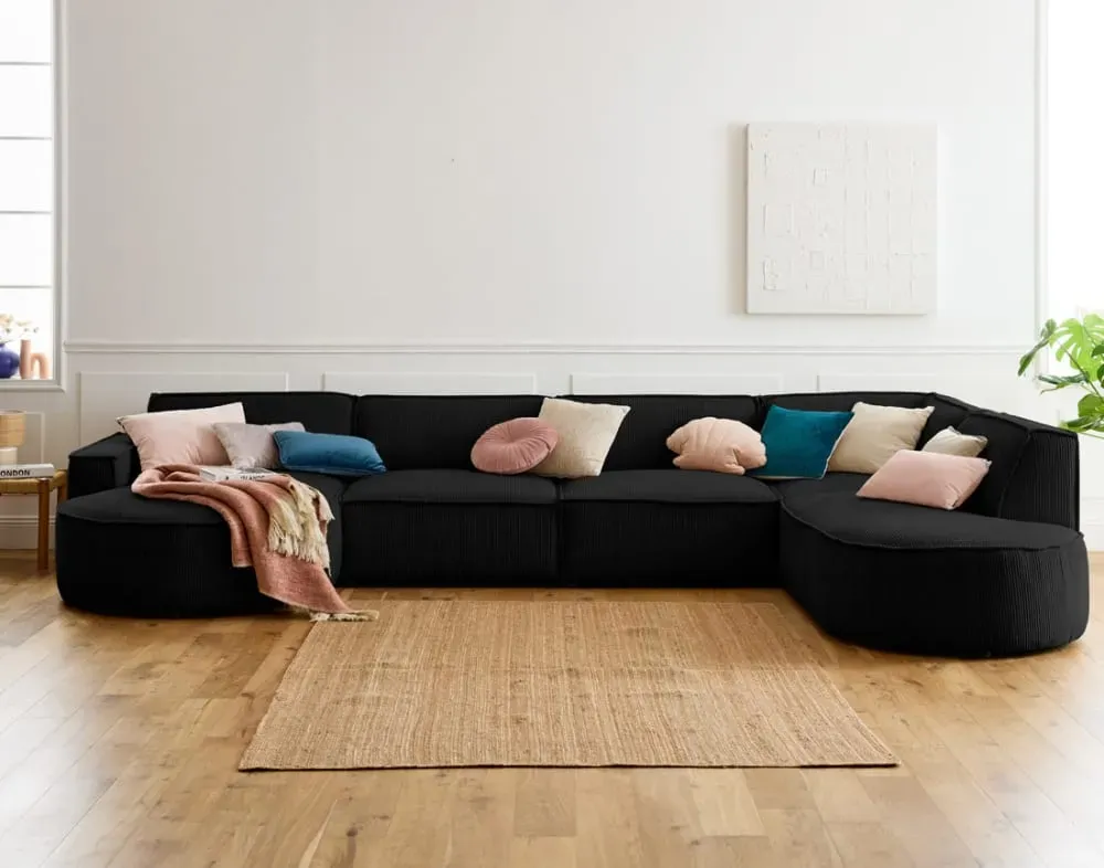 Illustration numéro 2 du produit Canapé panoramique 7 places Angle droit en Velours côtelé Noir