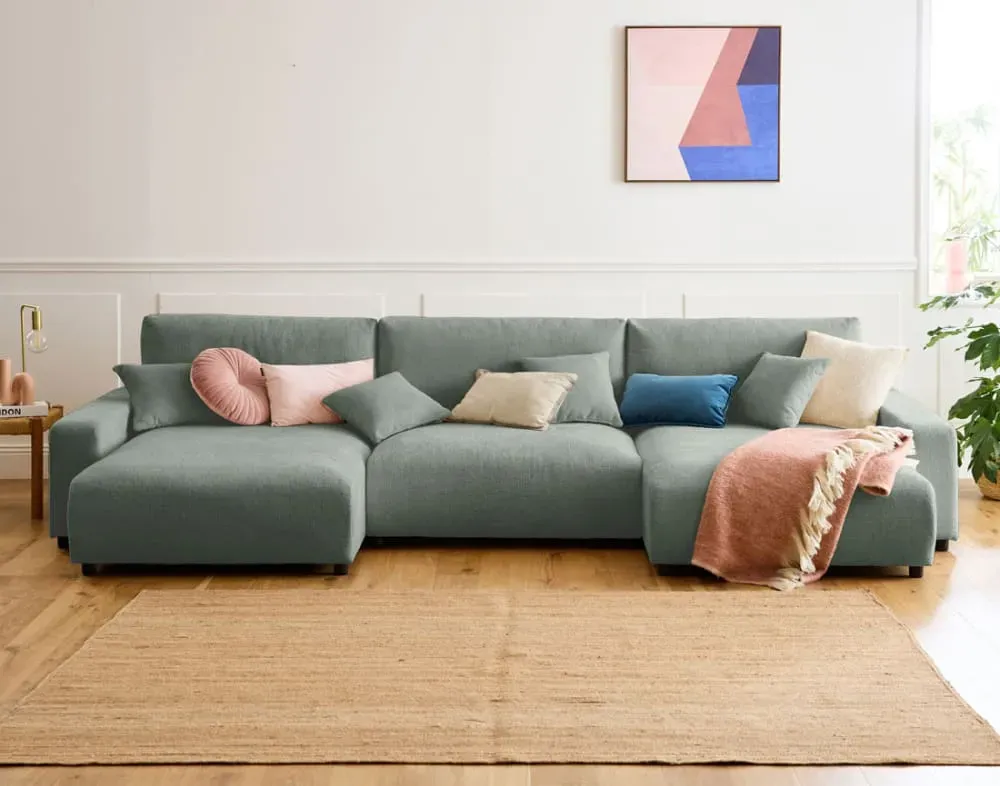 Illustration numéro 2 du produit Canapé panoramique 7 places En U en Velours texturé Vert