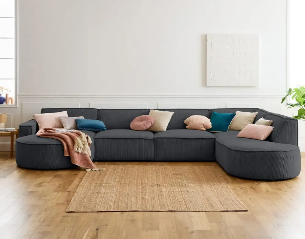 Illustration numéro 2 du produit Canapé panoramique 7 places Angle droit en Velours côtelé Gris foncé