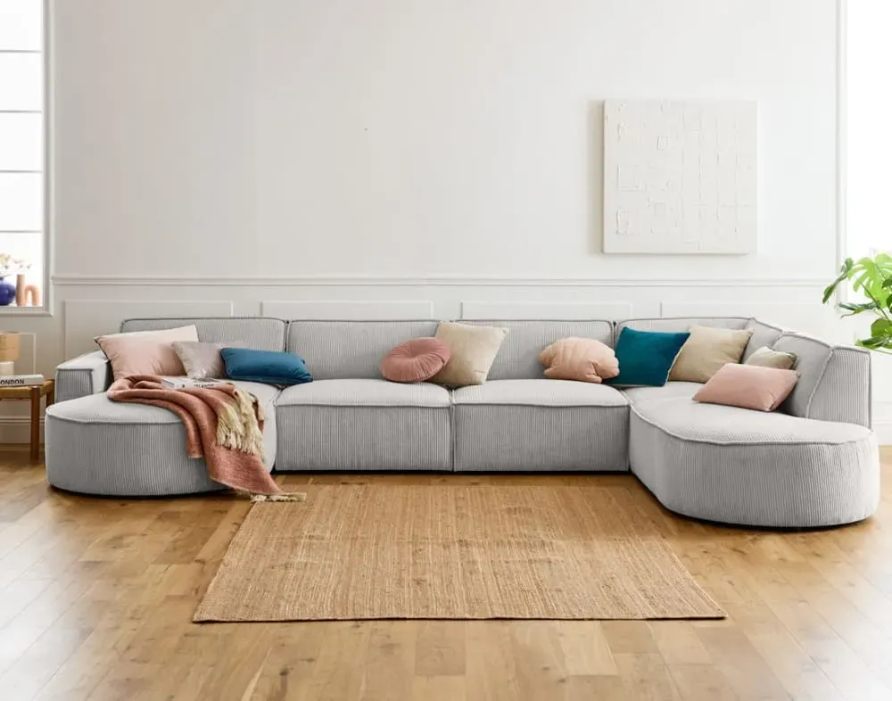 Illustration numéro 2 du produit Canapé panoramique 7 places Angle droit en Velours côtelé Gris clair