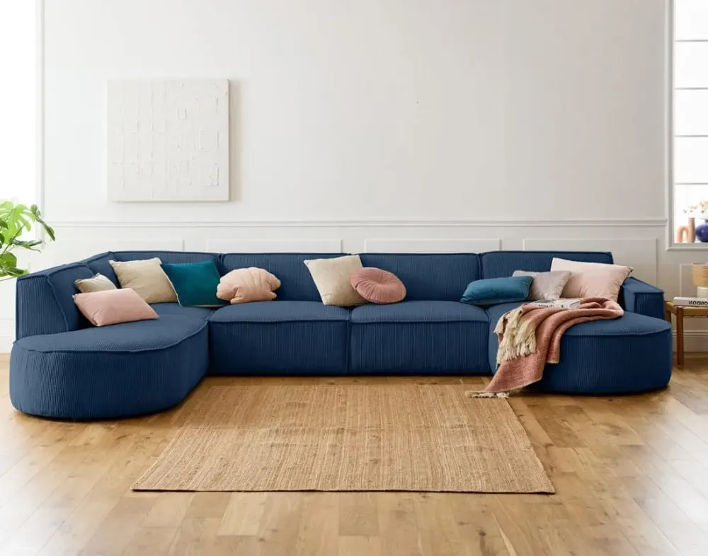 Illustration numéro 2 du produit Canapé panoramique 7 places Angle gauche en Velours côtelé Bleu
