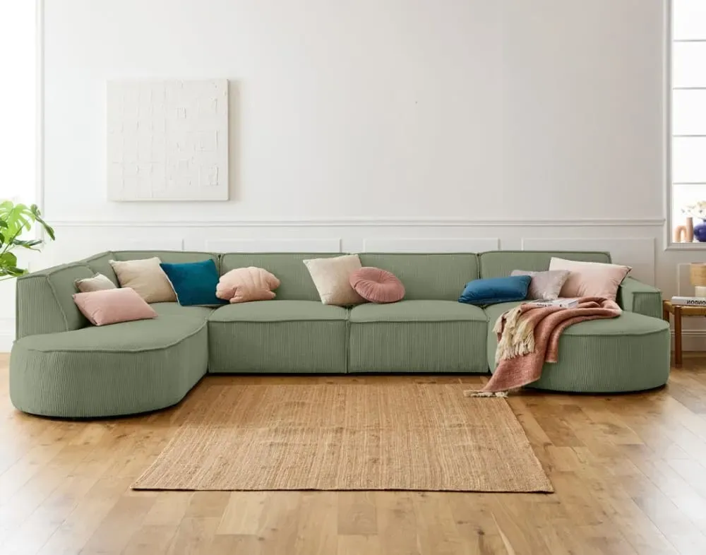 Illustration numéro 2 du produit Canapé panoramique 7 places Angle gauche en Velours côtelé Vert sauge