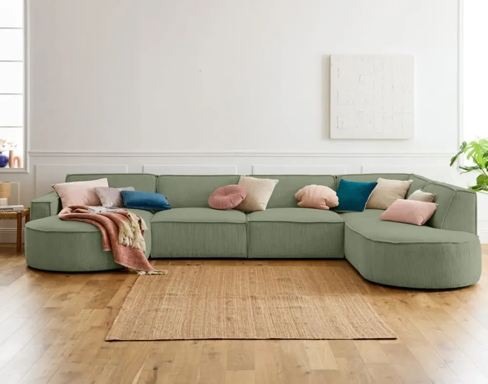 Illustration numéro 2 du produit Canapé panoramique 7 places Angle droit en Velours côtelé Vert sauge