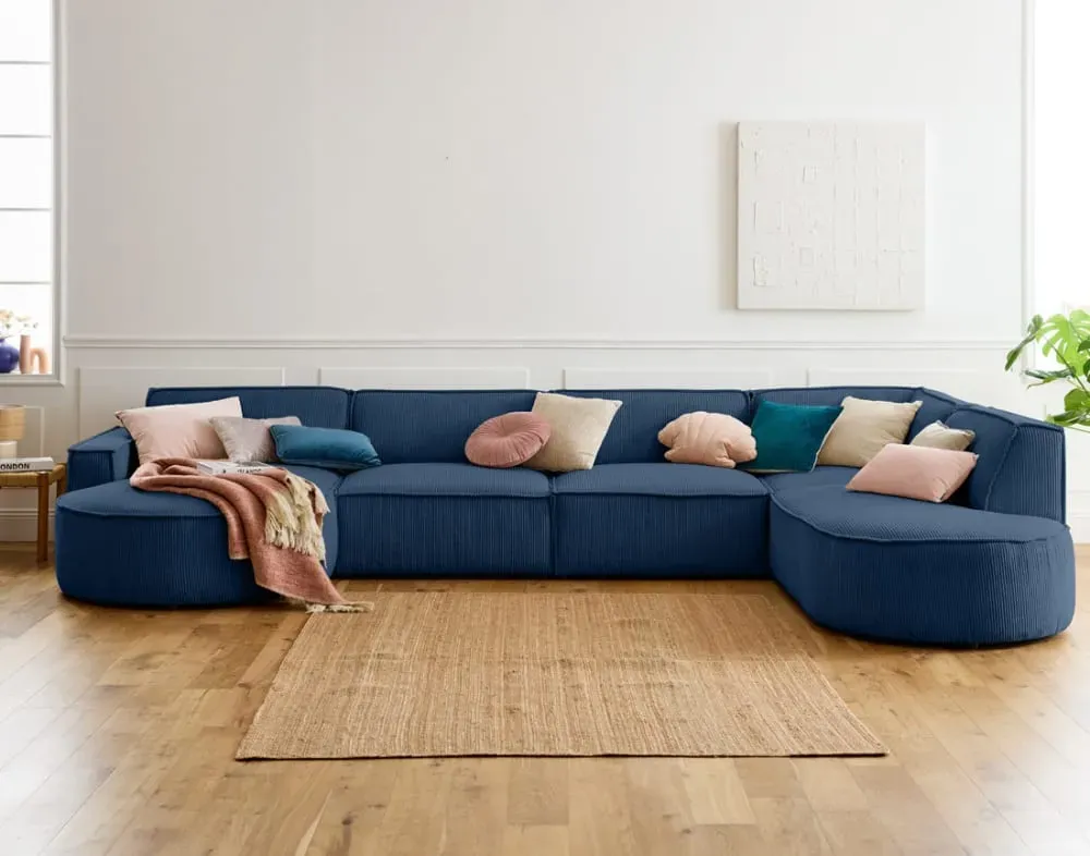 Illustration numéro 2 du produit Canapé panoramique 7 places Angle droit en Velours côtelé Bleu