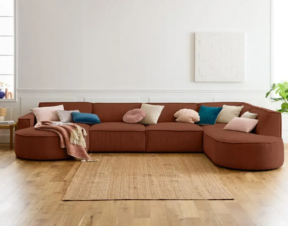 Illustration numéro 2 du produit Canapé panoramique 7 places Angle droit en Velours côtelé Terracotta