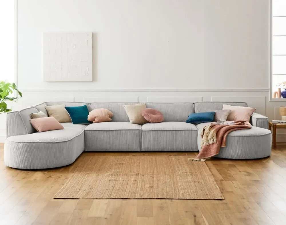 Illustration numéro 2 du produit Canapé panoramique 7 places Angle gauche en Velours côtelé Gris clair
