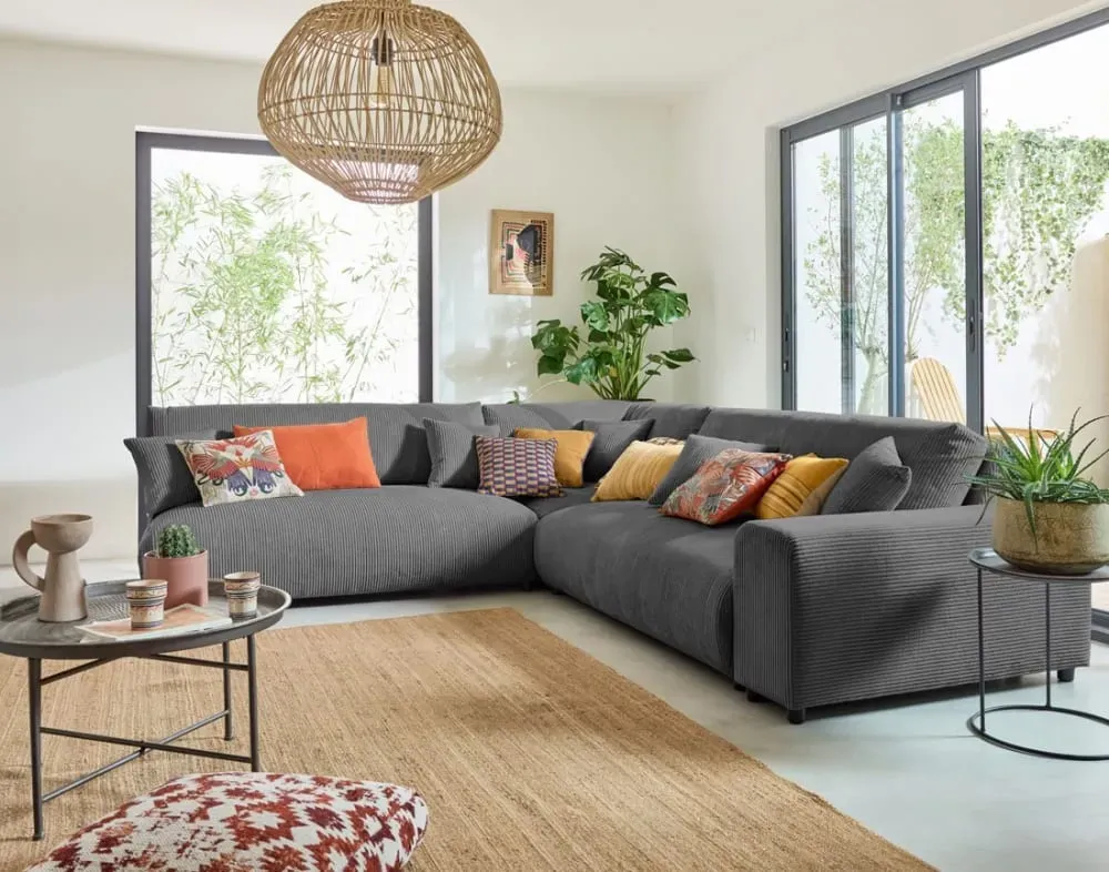 Illustration numéro 2 du produit Canapé modulable 6 places angle gauche en velours côtelé gris foncé