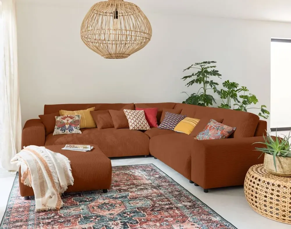 Illustration numéro 2 du produit Canapé modulable 5 places angle droit en velours côtelé terracotta