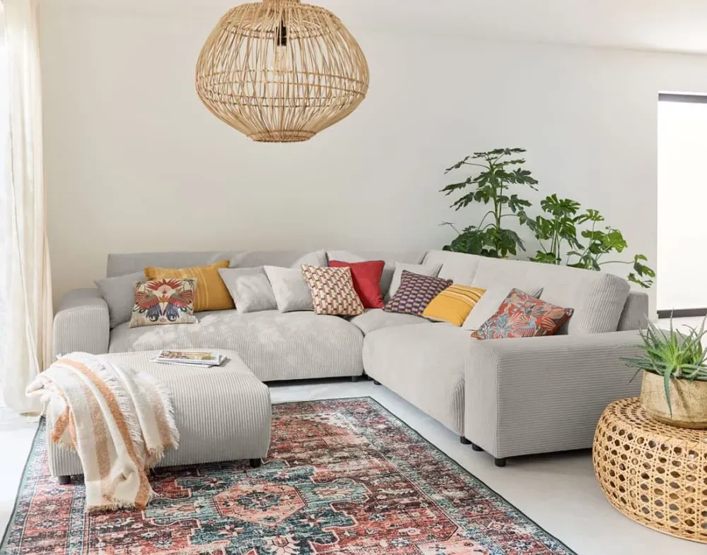 Illustration numéro 2 du produit Canapé modulable 5 places angle droit en velours côtelé gris clair