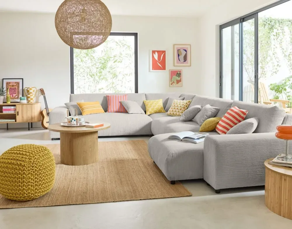 Illustration numéro 2 du produit Canapé modulable 8 places angle gauche en velours côtelé gris clair