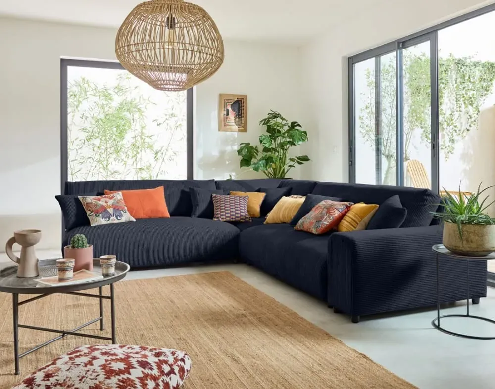 Illustration numéro 2 du produit Canapé modulable 6 places angle gauche en velours côtelé bleu nuit