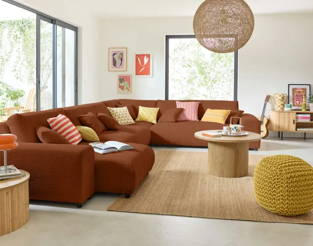 Illustration numéro 2 du produit Canapé modulable 8 places angle droit en velours côtelé terracotta