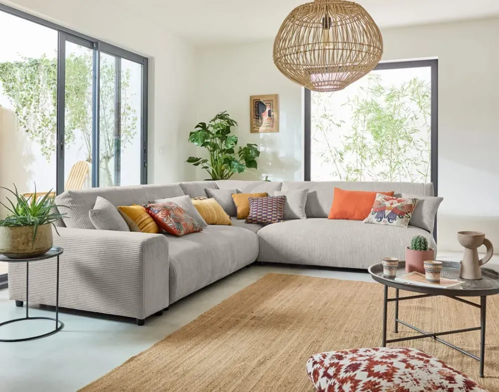 Illustration numéro 2 du produit Canapé modulable 6 places angle droit en velours côtelé gris clair