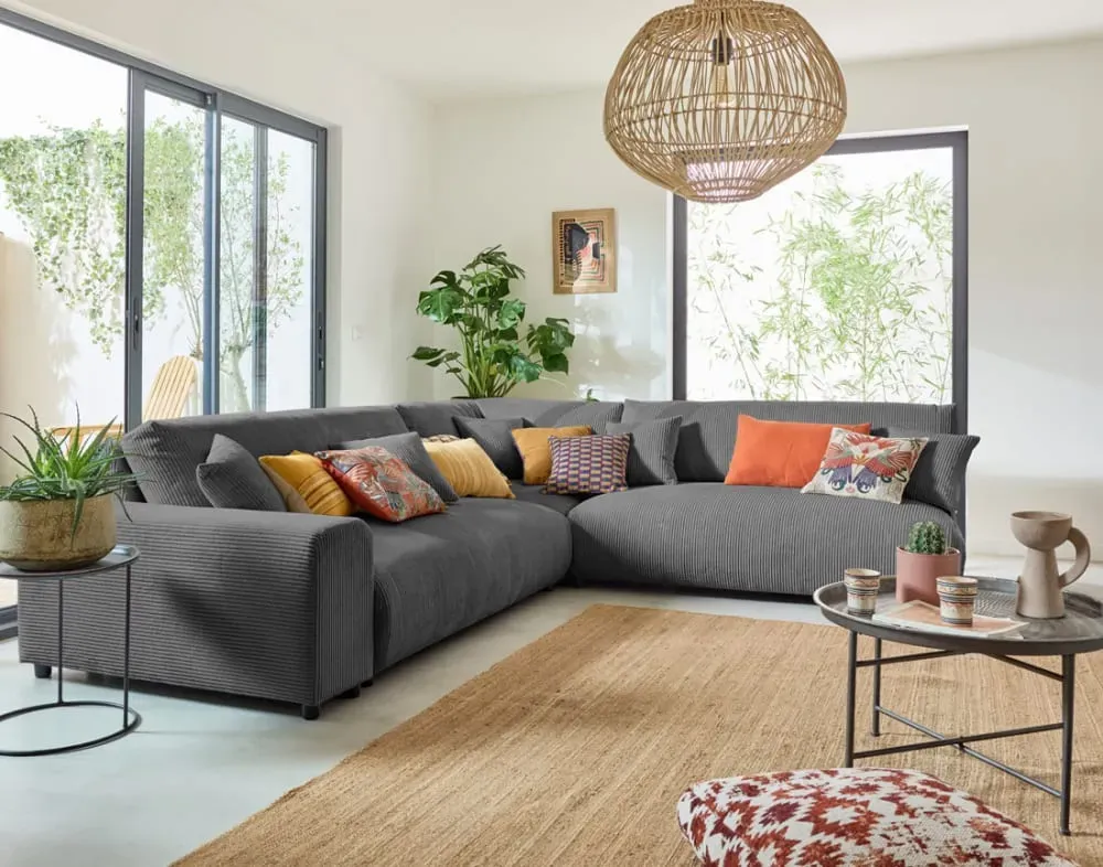 Illustration numéro 2 du produit Canapé modulable 6 places angle droit en velours côtelé gris foncé