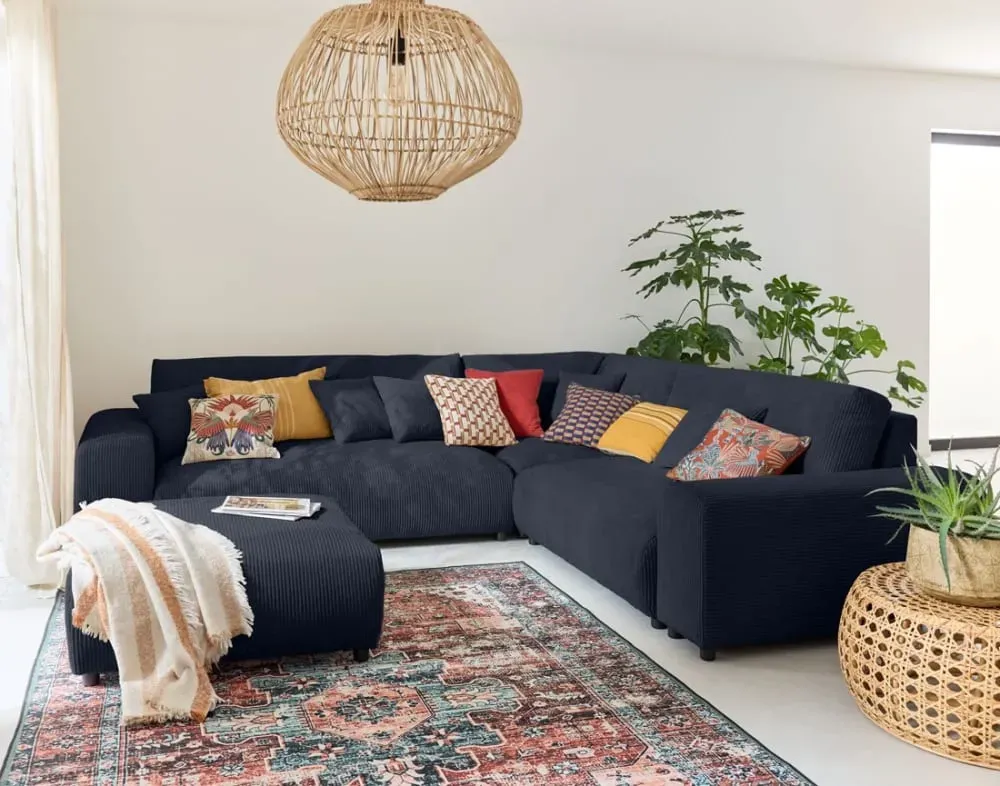 Illustration numéro 2 du produit Canapé modulable 5 places angle droit en velours côtelé bleu nuit