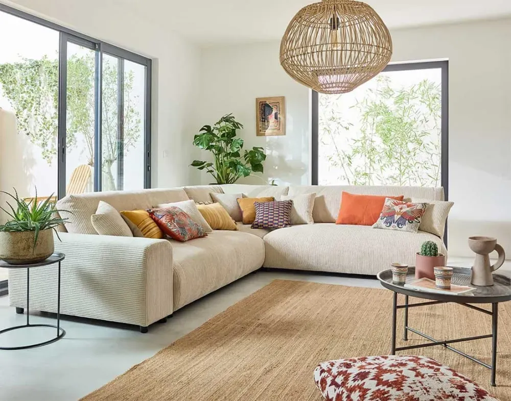 Illustration numéro 2 du produit Canapé modulable 6 places angle droit en velours côtelé beige