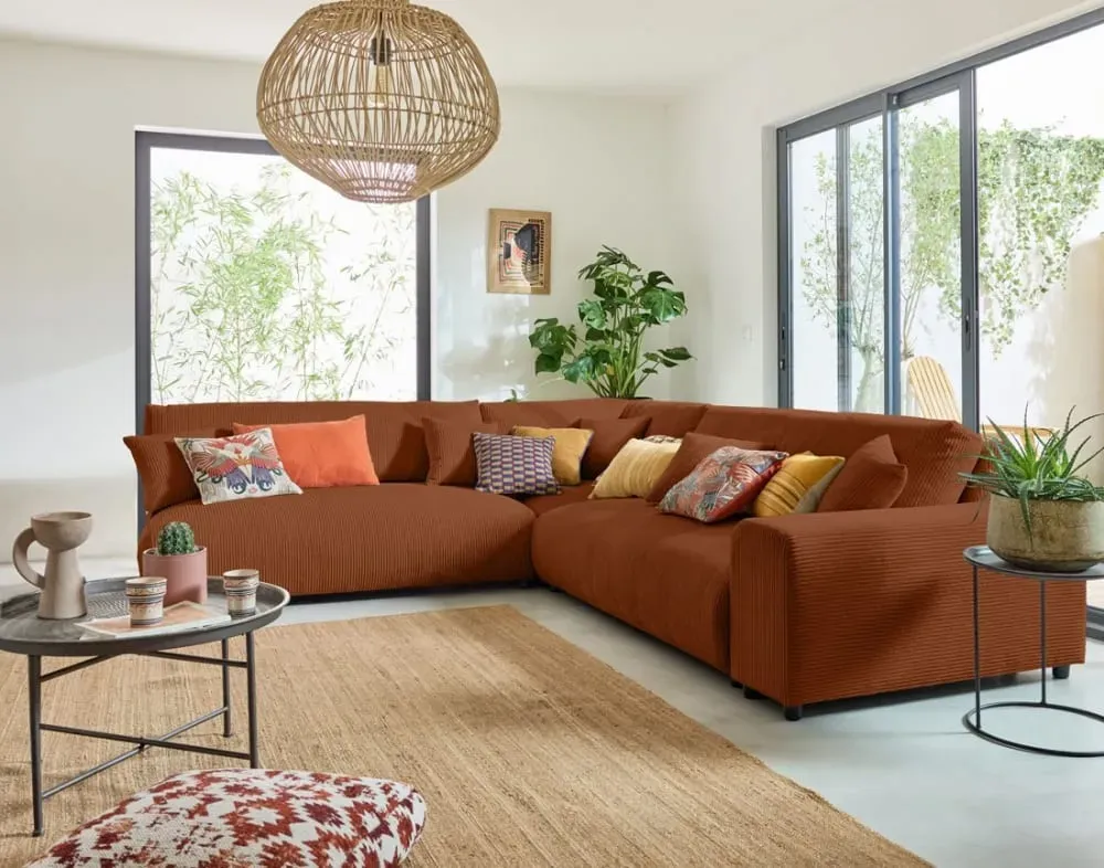 Illustration numéro 2 du produit Canapé modulable 6 places angle gauche en velours côtelé terracotta