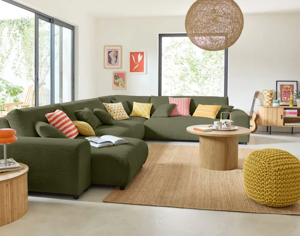 Illustration numéro 2 du produit Canapé modulable 8 places angle droit en velours côtelé vert