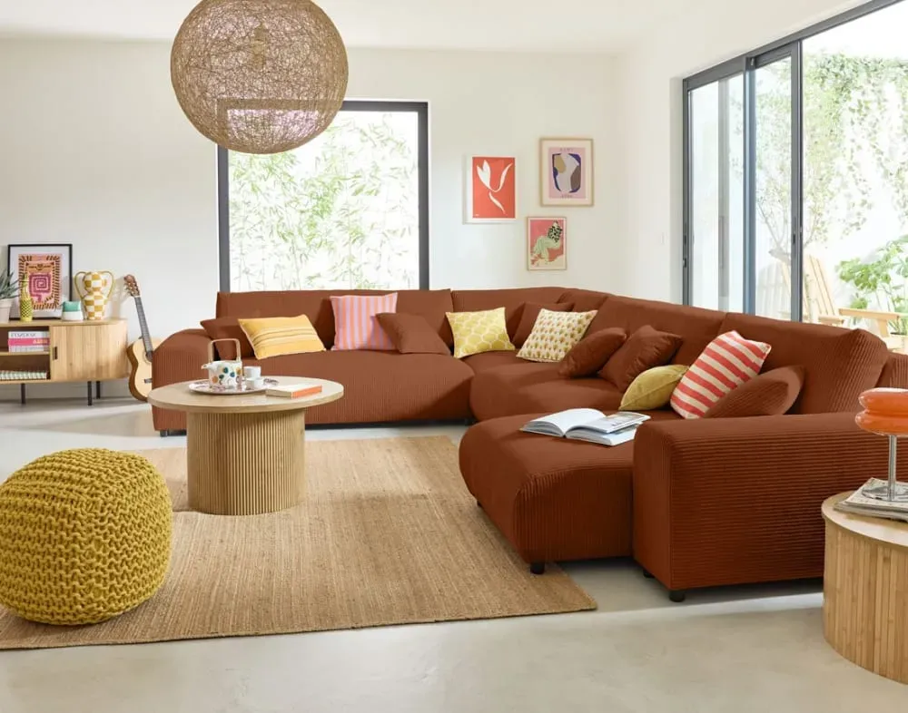 Illustration numéro 2 du produit Canapé modulable 8 places angle gauche en velours côtelé terracotta