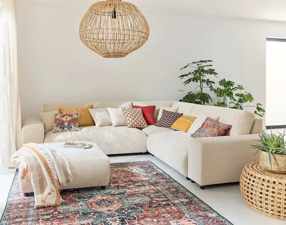 Illustration numéro 2 du produit Canapé modulable 5 places angle droit en velours côtelé beige