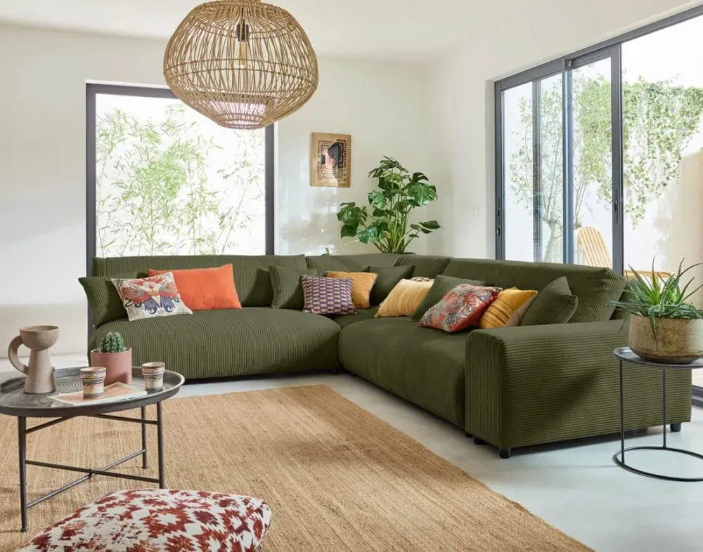 Illustration numéro 2 du produit Canapé modulable 6 places angle gauche en velours côtelé vert