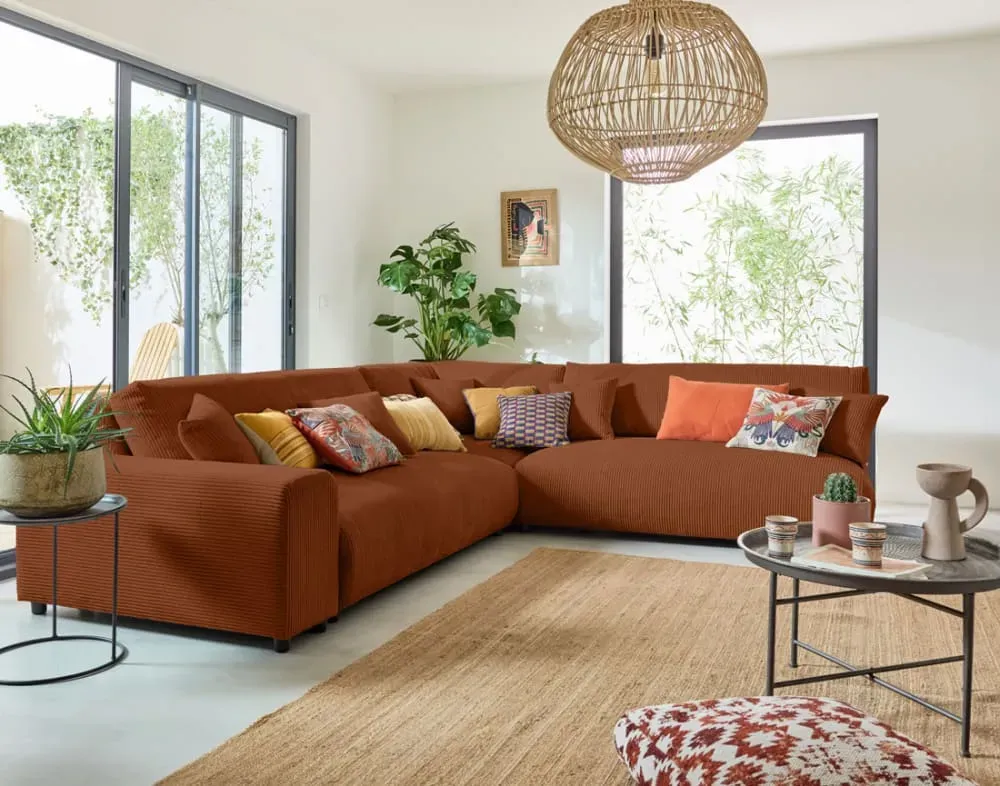 Illustration numéro 2 du produit Canapé modulable 6 places angle droit en velours côtelé terracotta